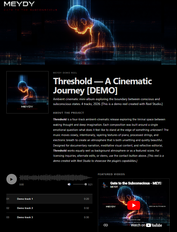 Composer pitch reel — audio tracks + YouTube embed