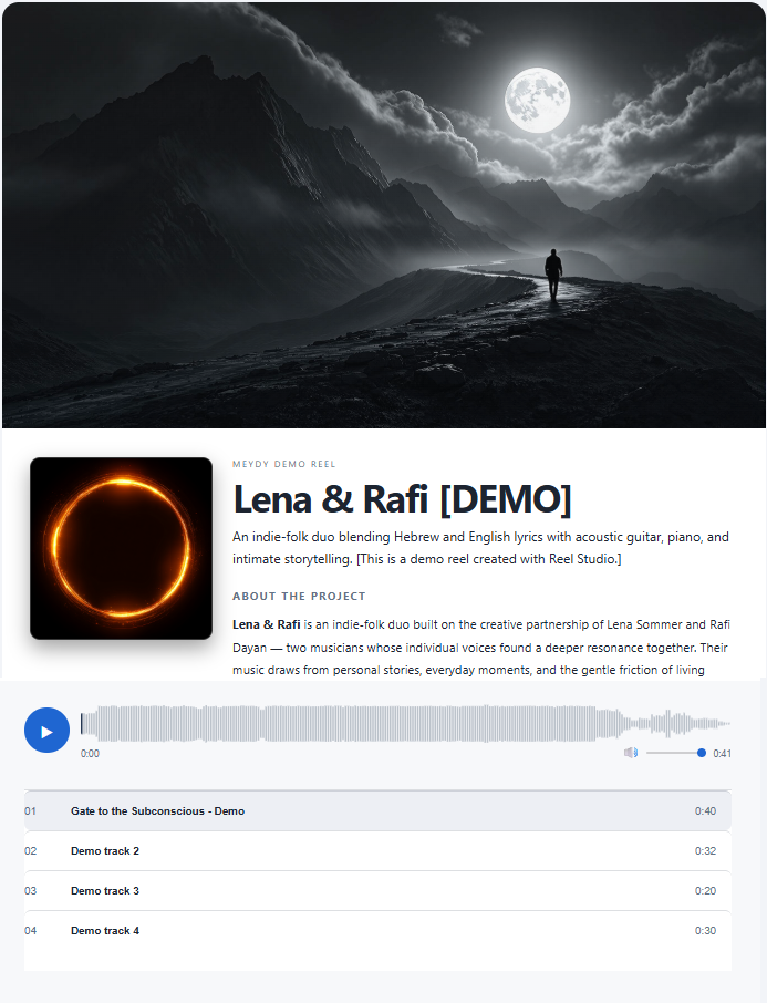 Artist reel variation — private sharing page with direct contact CTA